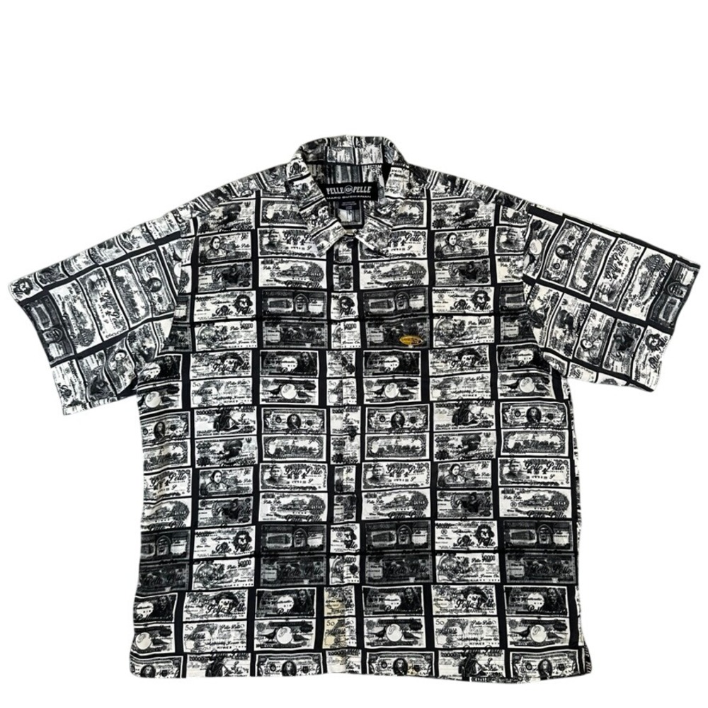 Vintage Pelle Pelle Marc Buchanan Ultra Blue Currency Print Shirt XXL Black